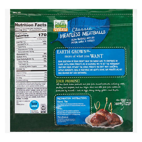 Earth Grown Classic Vegan Meatless Meatballs, 16 oz